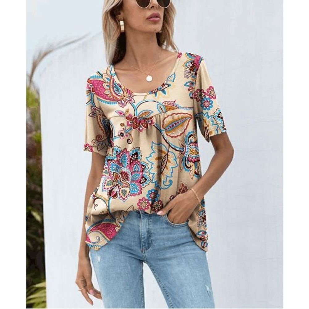 Yellow & Pink Multicolor Floral Pleated Scoop-Neck Top
